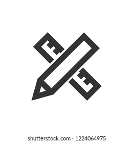 Pencil and ruler icon in thick outline style. Black and white monochrome vector illustration.