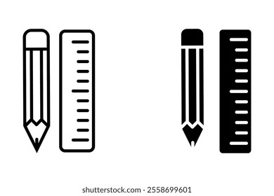 Pencil and ruler icon in trendy outline and black style design. Vector graphic illustration. Pencil and ruler icon for website design, app, logo, and ui. Vector file.