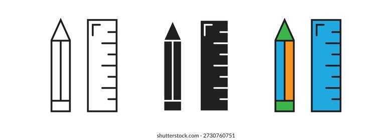 Iconos de lápiz y Regla para el dibujo arquitectónico, el dibujo de diseño y la medida técnica en tres estilos de Vector profesionales distintos.