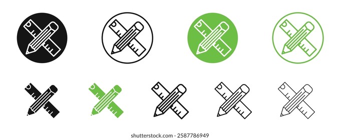 Pencil and ruler icons in black and green colors collection