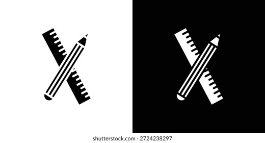 Conceito de vetor plano de ícones de lápis e régua. Ilustrações em preto e branco