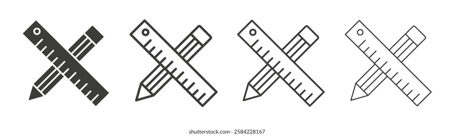 Pencil and ruler icons set. Liner outlined and flat black color