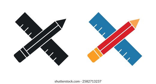 Pencil and ruler icons set vectors black and colored style