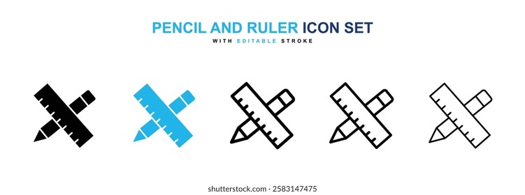 Pencil and ruler icons vector collection in black and blue colors on white background