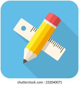 Pencil with ruler, modern flat icon with long shadow