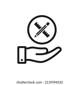 Pencil and ruler on hand. Knowledge, drawing, stationery icon line style isolated. Vector illustration