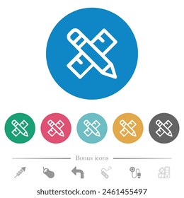 Pencil and ruler outline flat white icons on round color backgrounds. 6 bonus icons included.