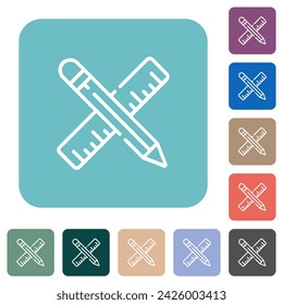 Pencil and ruler outline white flat icons on color rounded square backgrounds