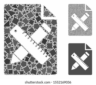 Pencil and ruler page composition of trembly elements in various sizes and shades, based on pencil and ruler page icon. Vector uneven elements are organized into composition.