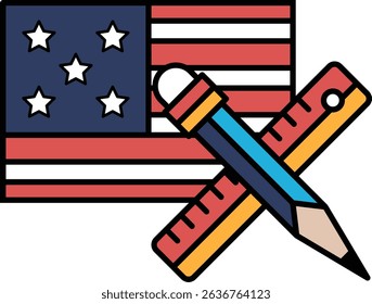 A pencil and a ruler are placed on top of an American flag. Concept of education and learning, as the pencil and ruler are commonly used tools in schools