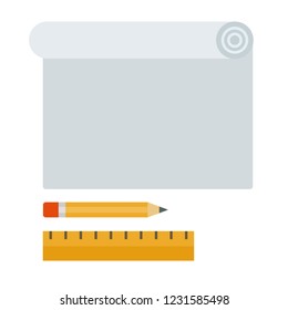 Pencil, ruler and roll of white paper for drawing vector flat icon isolated on white