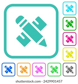 Pencil and ruler solid vivid colored flat icons in curved borders on white background