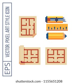 Pencil, ruler and stationery knife pixel art icons. Draft on paper. Isolated vector flat illustration. Design for stickers, logo and mobile app. Game assets 8-bit sprite.