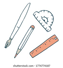 Pencil and ruler sticker set on white isolated backdrop. Stationery for invitation or gift card, notebook, bath tile, scrapbook. Phone case or cloth print art. Doodle style stock vector illustration