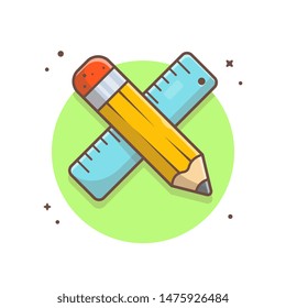 Pencil with Ruler Vector Icon Illustration. Write. Back to School. Education. Sketch. Drawing. Student. Flat Cartoon Style Suitable for Web Landing Page, Banner, Flyer, Sticker, Wallpaper, Background