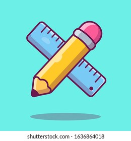 Pencil with Ruler Vector Icon Illustration. Working Tools Equipment. Tool Icon Concept White Isolated. Flat Cartoon Style Suitable for Web Landing Page, Banner, Flyer, Sticker, Card