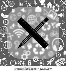 Pencil with ruler vector icon - matte glass button on background consisting  of different icons