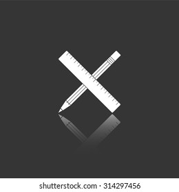 pencil with ruler vector icon with mirror reflection