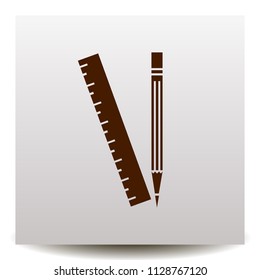Pencil and ruler vector icon on a realistic paper background with shadow.Flat design style