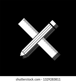Pencil and ruler. White flat simple icon with shadow