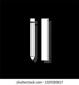 Pencil and ruler. White flat simple icon with shadow