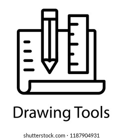 A pencil and scale with blank paper sheet showing drawing tools icon concept 