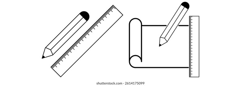 Pencil, scale, document icons. Outlined icons for education, civil engineering, measurement tape, pen, pencil, document, planning, project symbol vector illustration.