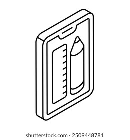 Pencil with scale inside mobile, icon of mobile stationery 