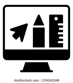 Pencil, scale and mouse cursor over monitor screen showing graphic design concept 