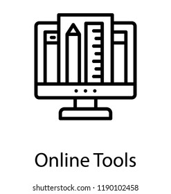 Pencil and scale on monitor screen, icon concept of graphic designing