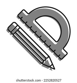 Pencil And School Protractor, Ruler For Sketching In Geometry Lessons. Linear filled with gray color icon. Simple black and white vector
