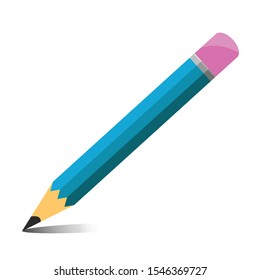 Pencil school supply with shadow isolated on white background. Pencil icon. Blue pencil with a pink eraser. Vector illustration EPS 10.