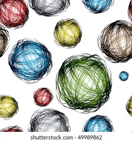 pencil scribble balls with different colors and seamless background pattern