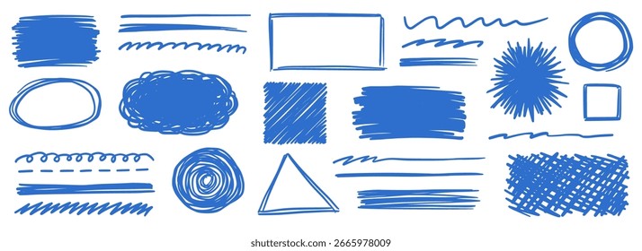 Conjunto de quadros vetoriais de rabisco de lápis. Retângulo de traçado de rabisco de textura de lápis desenhado à mão, quadro de círculo e sublinhado. Bolha de nuvem do marcador de esboço Grunge, forma geométrica. Ilustração vetorial