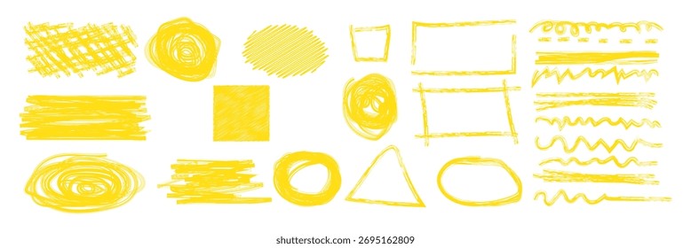 Pencil scribble vector frame set. Hand drawn pencil texture scribble stroke rectangle, circle frame and underline. Grunge sketch marker cloud bubble, geometric shape. Vector illustration 