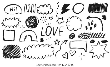 Pencil scribbles. Hand drawn brush stroke, Arrow shape, highlight, speech bubble, sparkle element. Vector textured illustration.