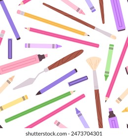 Pencil seamless pattern. Artist tools, painting knife and brushes. Colored pencils, art design print for textile, wrapping, web backdrop, racy vector template