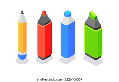 Lápiz y conjunto de marcadores coloridos. Iluminación plana, 3d, vectorial, isométrica, de dibujos animados aislados en fondo blanco