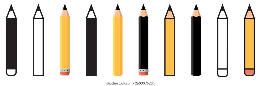 Pencil set in different stile. Realistic pencil. Pencil supply school. Pencil with rubber eraser. Vector illustration