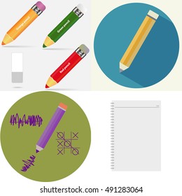 Pencil, a set of pencils, notebook, notepad, eraser. Flat design, vector.