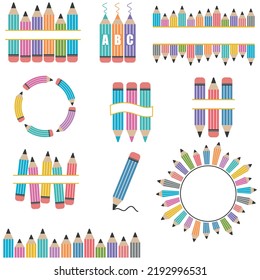Pencil set with text frame, color vector isolated illustration