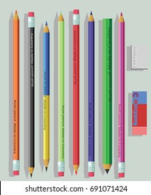 Pencil set and two rubbers. High detailed vector.