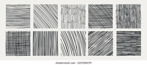 Bleistiftschattige Quadrate. Pinselstrich-Schreib, handgezeichnete Schrott-Skizze-Textur und line-skizzierter Hintergrund, Vektorset von Stift quadratischen Schreib-Illustration. 10 EPS.