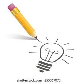 Pencil with shadow and bulb on the white. Eps 10 vector file.