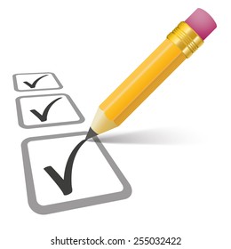 Pencil with shadow and checklist on the white. Eps 10 vector file.