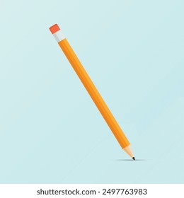 Pencil with shadow underneath. Orange office pencil with eraser. Vector illustration.