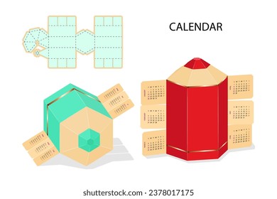 Pencil Shaped Geschenkbox Design. Kalender Zwölf Monate, Wochenende Tage hervorgehoben. Dreidimensionales Laserschneidpapier. Pappkarton Die Cut voll funktionsfähig für Handwerk, Urlaub, Büro.