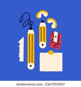 Pencil, sharpener, blank paper, sticky note, pencil shavings. Reminder, office, writing, planner concept. Hand drawn Vector illustration. Cartoon style. Isolated elements. Design templates