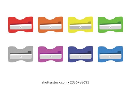 Pencil sharpener clipart vector set. Simple multicolor pencil sharpener flat vector illustration clipart cartoon style, hand drawn doodle. Students, classroom, school supplies, back to school concept