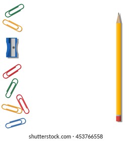 Pencil, sharpener and clips on white background.